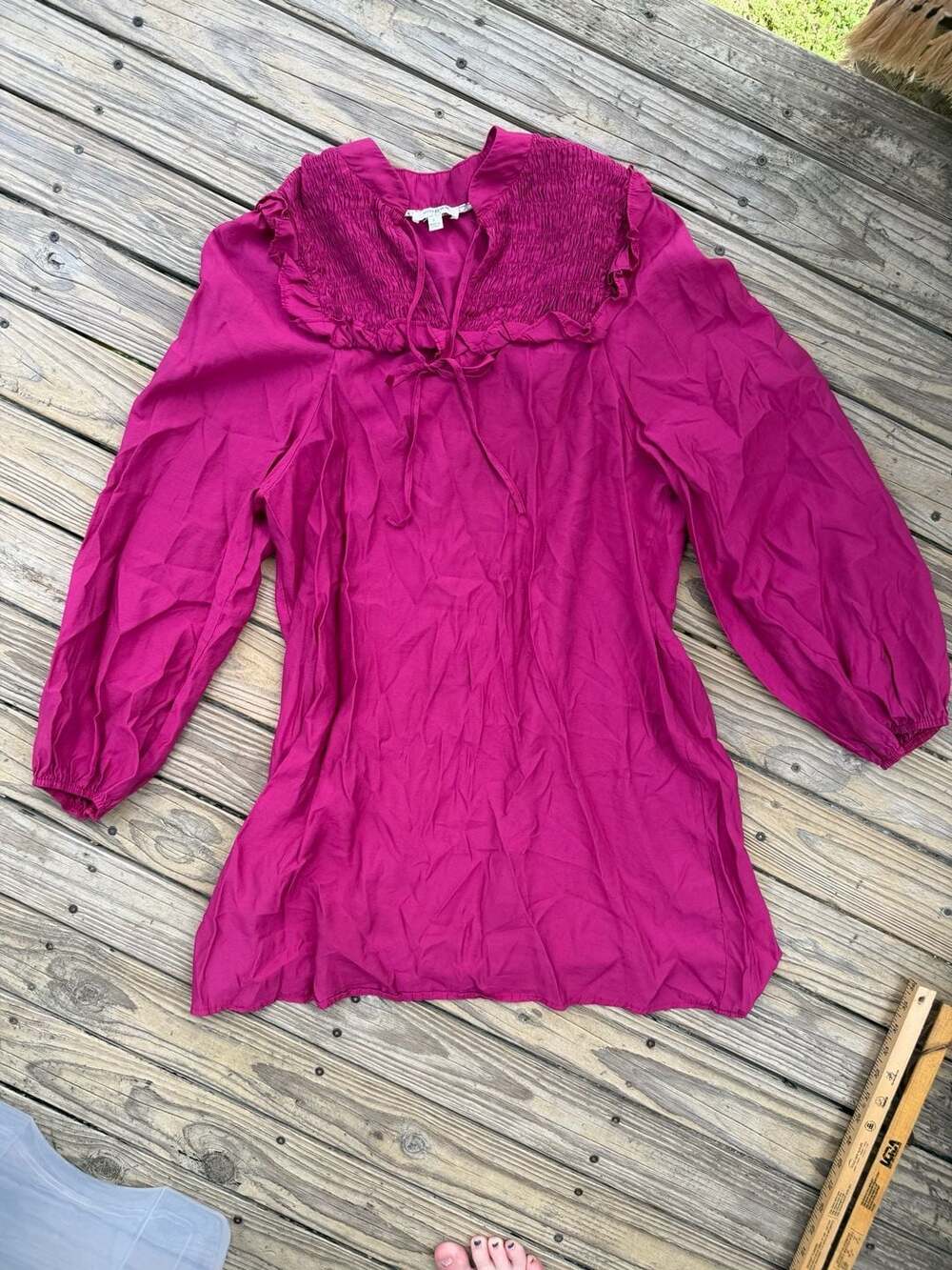 Umgee USA Magenta Smocked Ruffle Long Sleeve Blouse Size L
